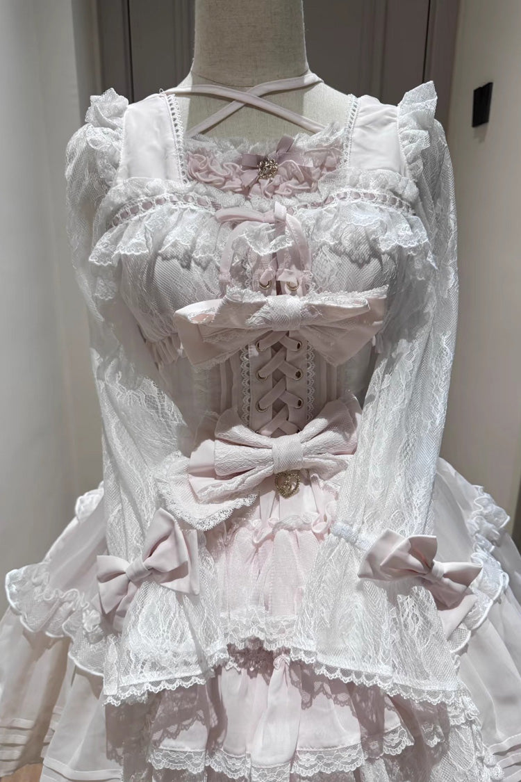 Sweet Square Collar Long Sleeve Lace Ruffle Bow Lace-Up Plus Size Dress
