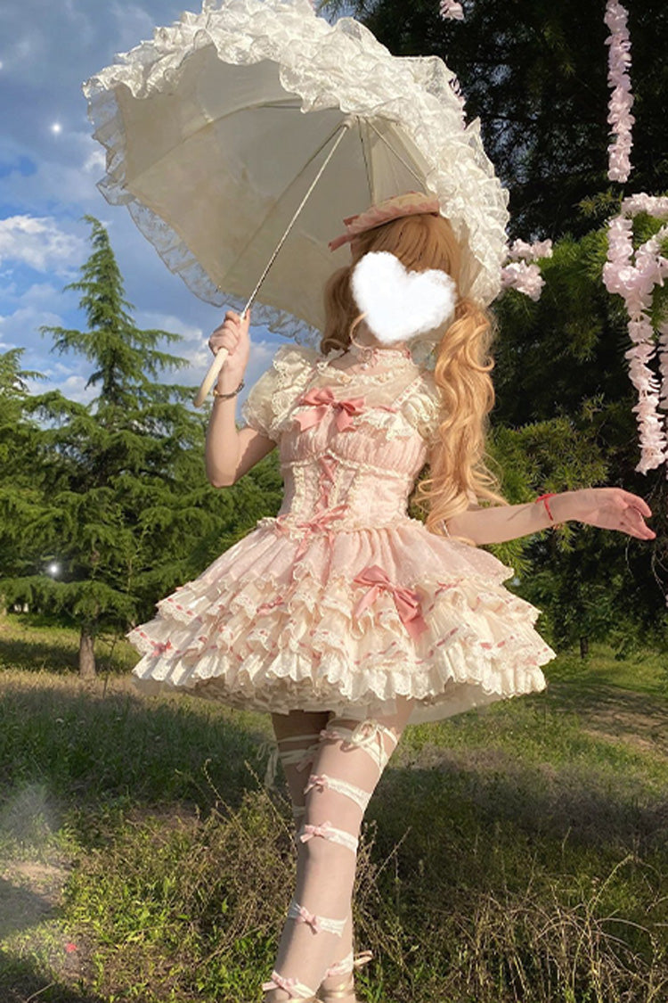 Pink Double-Layered Ruffled Bow Lace-Up Sweet Ballet JSK - Flory Butterfly