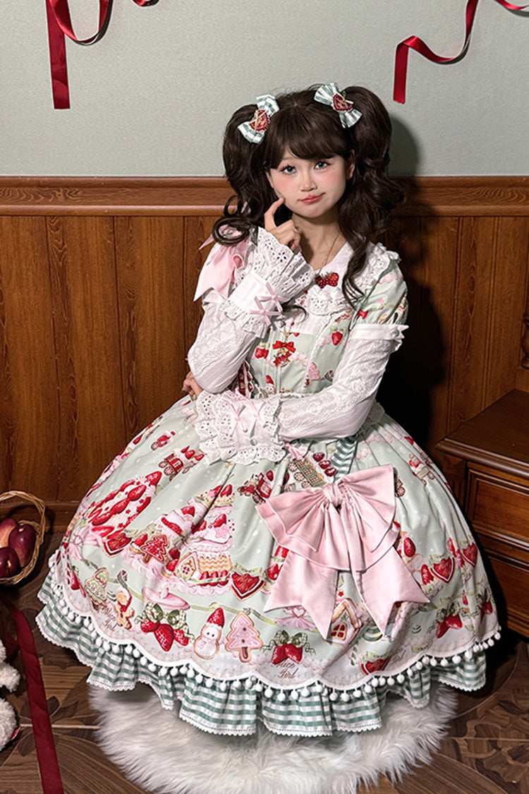 Mint Strawberry Dessert Printed Sweet Lolita Dress - Doll Collar Short Sleeved
