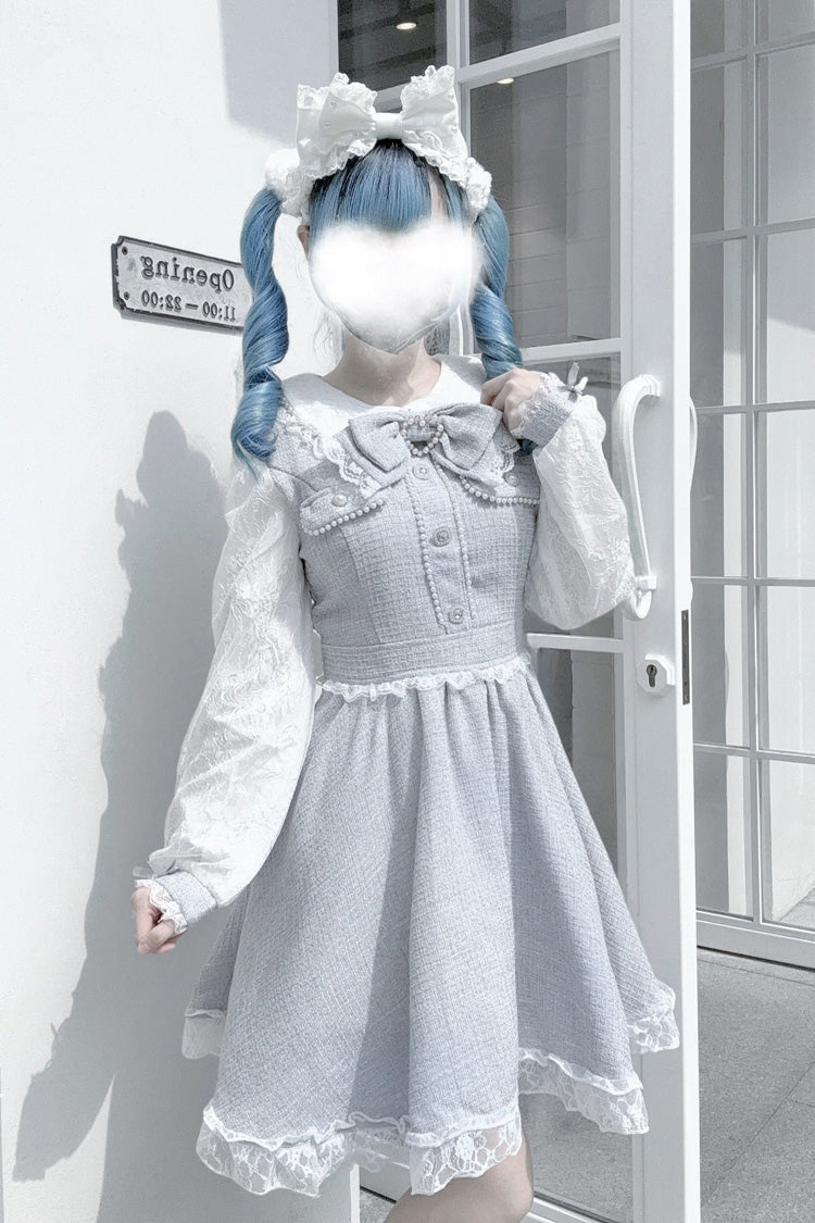 Grey Pearl and Bow Lace-Trimmed Jirai Dress
