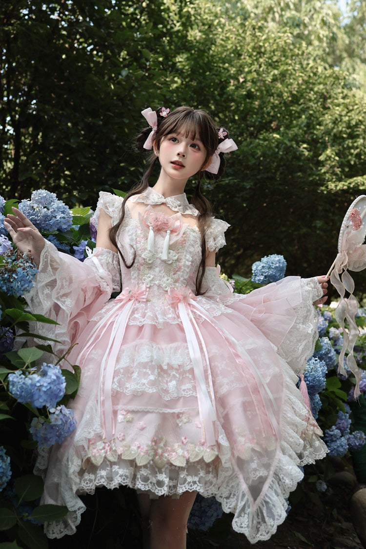 Spring Entwined with Cherry Clouds Short Sleeves Embroidered Bow Lace Sweet Chinese Style Lolita Dress - Pink