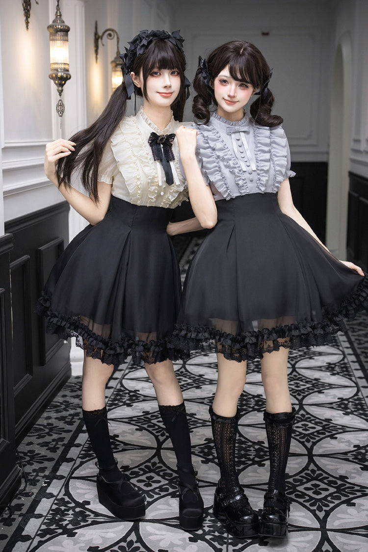 Miss Lola Snow Kiss Stand Collar Short Puff Sleeves Ruffled Color-Blocked Faux Two-Piece Sweet Lolita Dress 3 Colors - Black
