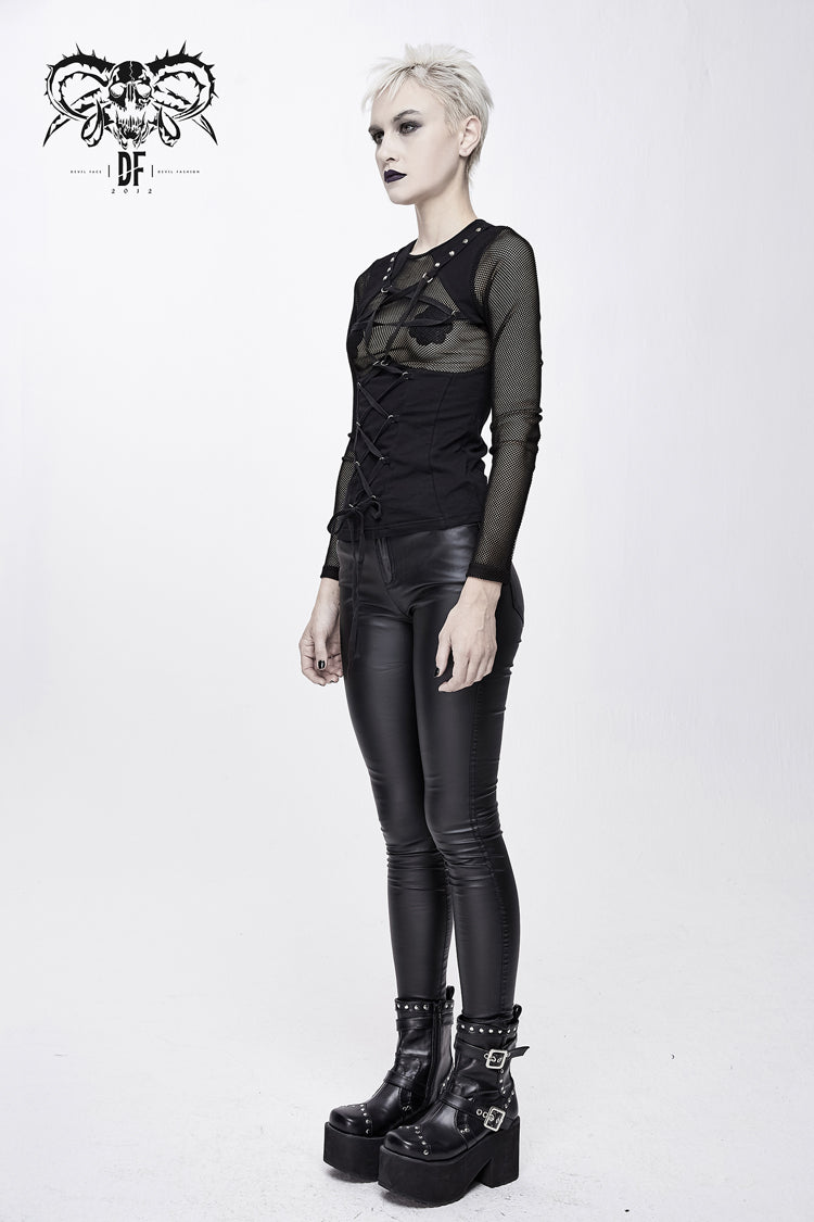Punk T-Shirt with Pentagram Lace-Up Mesh Chest Perspective