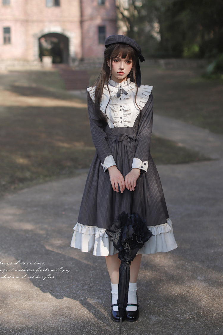 Striped Ruffle Bowknot Long Sleeve College Style Lolita Dress Dark Blue