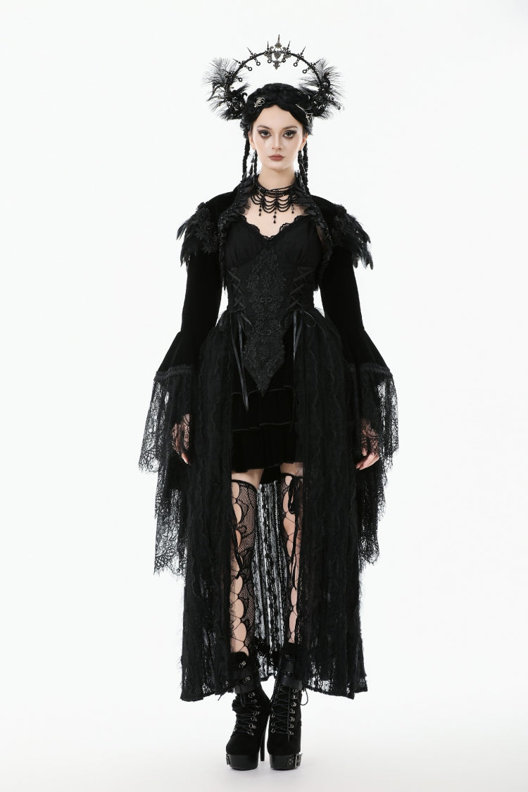 Spliced Velvet Long Flared Sleeve Floral Feather Gothic Cape for Women Lace
