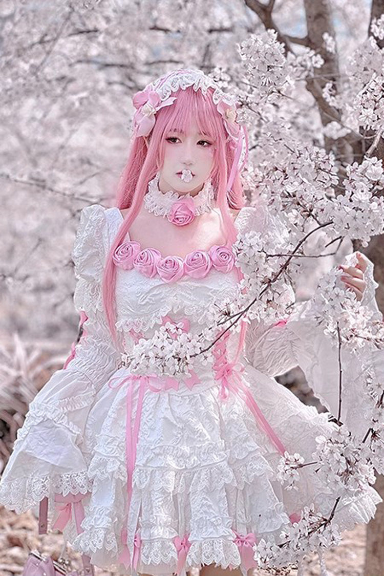 Ivory & Pink Puff-Sleeve Princess Gothic Lolita Tiered Gown