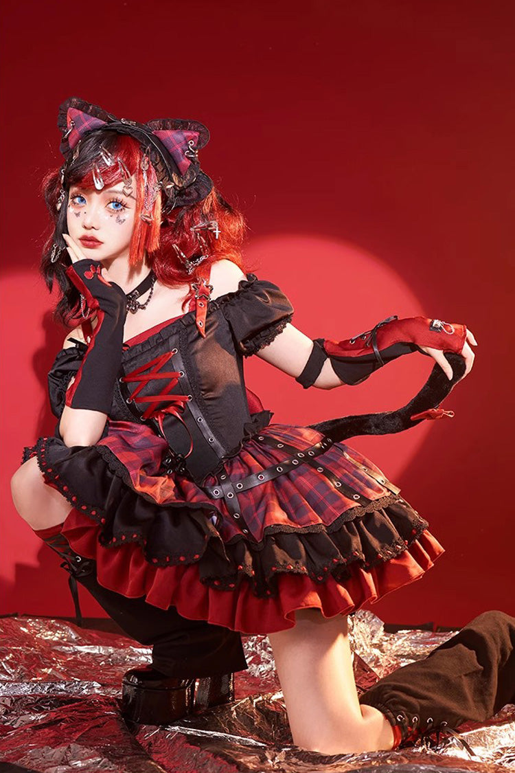 Black Red Print Ruffle Lace Up Gothic Japanese Princess Jsk Dress