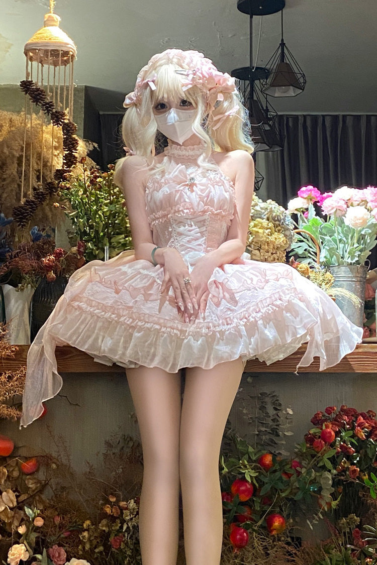 Pink Halter Triple Bow Lace Lolita Jumper Dress