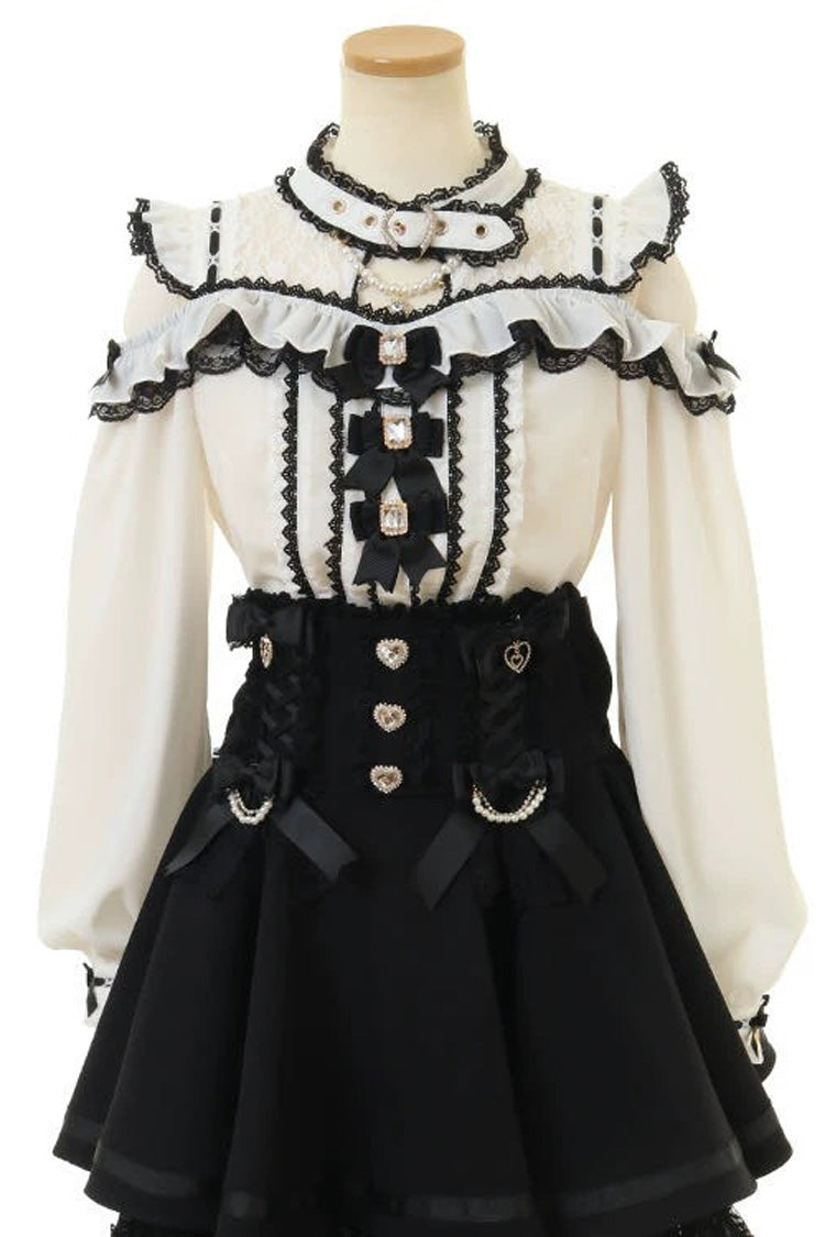 Chic Off-Shoulder Bow-Embellished Lace Blouse with Choker in Three Tones