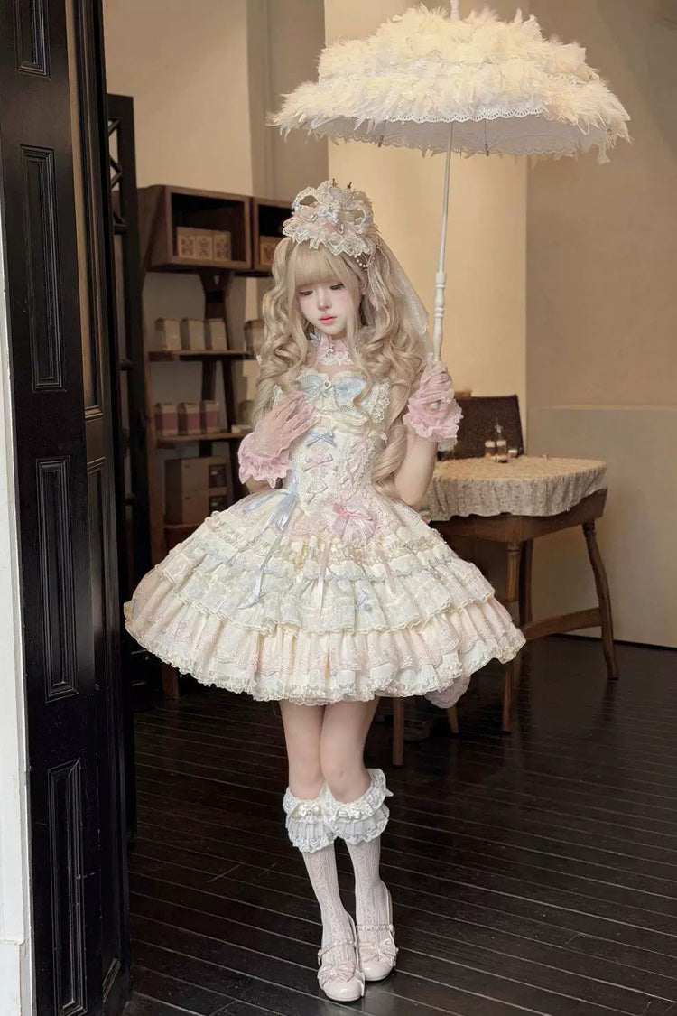 Sweet Lolita JSK Dress with Square Collar and Ruffled Bow - Apricot/Pink