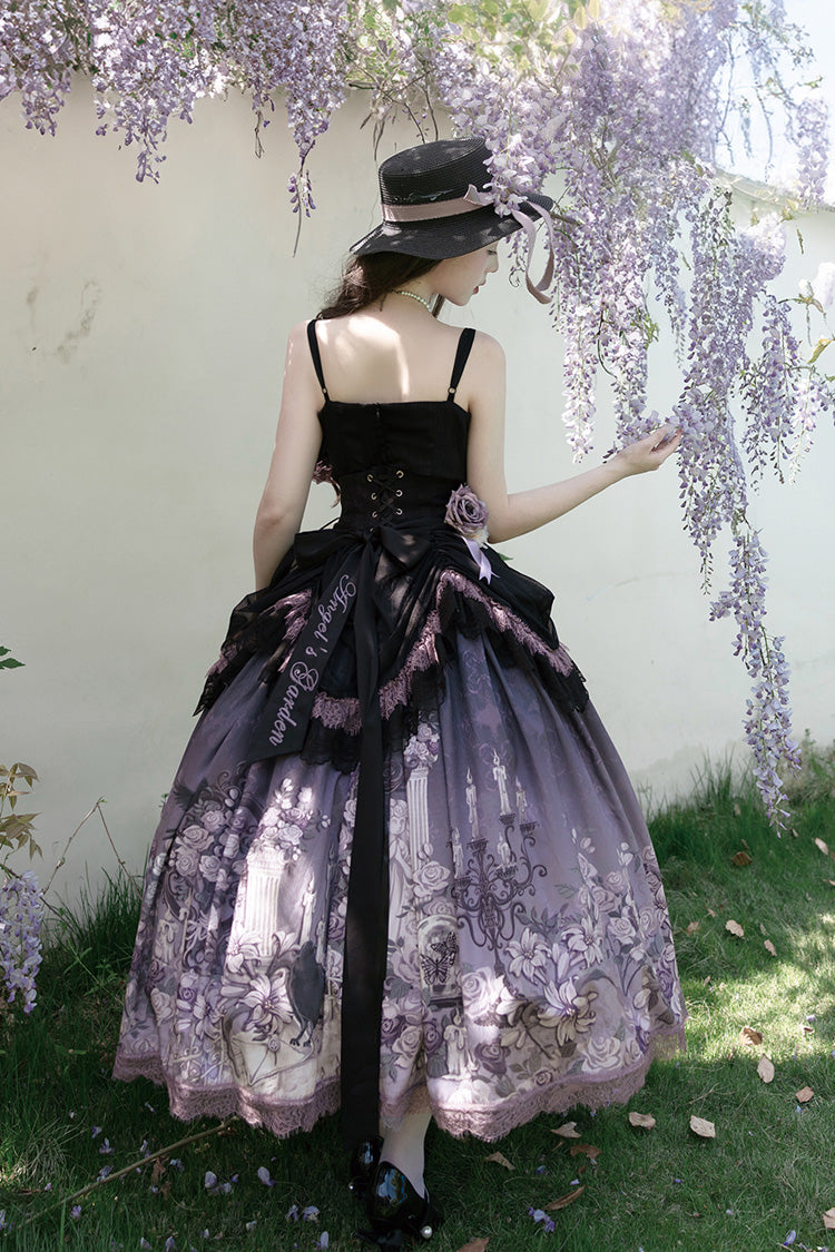 Angel Garden Black Purple Sleeveless Print Ruffle Bowknot Lace Sweet Gothic Skirt Set