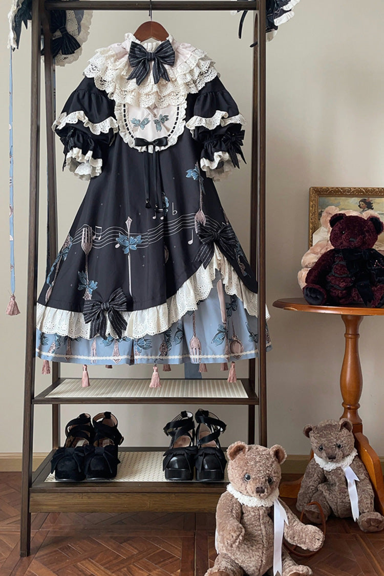 Navy Witch's Banquet Round-Collar Short-Sleeve Printed Ruffled Embroidered Bow Asymmetric Sweet Lolita Dress