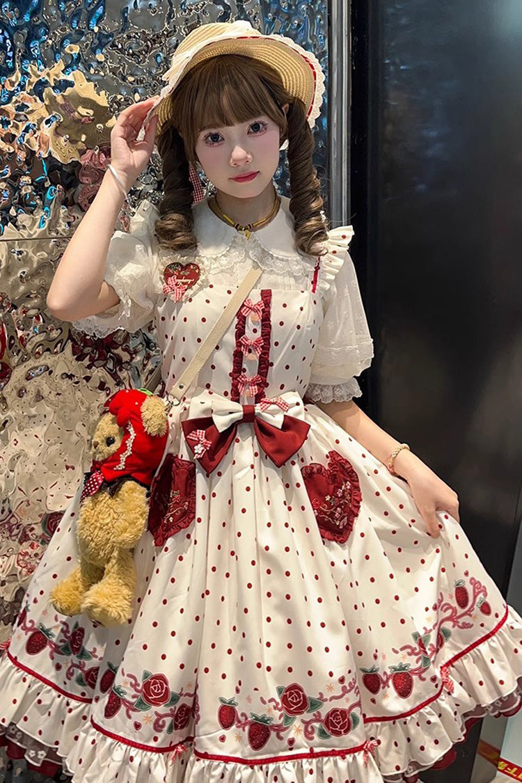 Ivory Strawberry Print JSK Dress with Ruffles - Strawberry Diary
