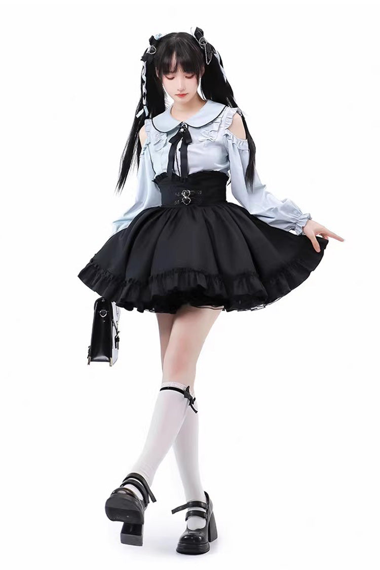 Off-Shoulder Ruffle Bowknot Set in Black/Blue