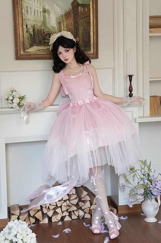 Pink Sleeveless Bowknot Fishbone Ruffle Sweet JSK Dress