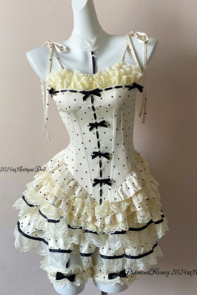 Cream Paris Holiday Polka Dot Layered Lace Fishbone Frilled Sweet Lolita Skirt Set