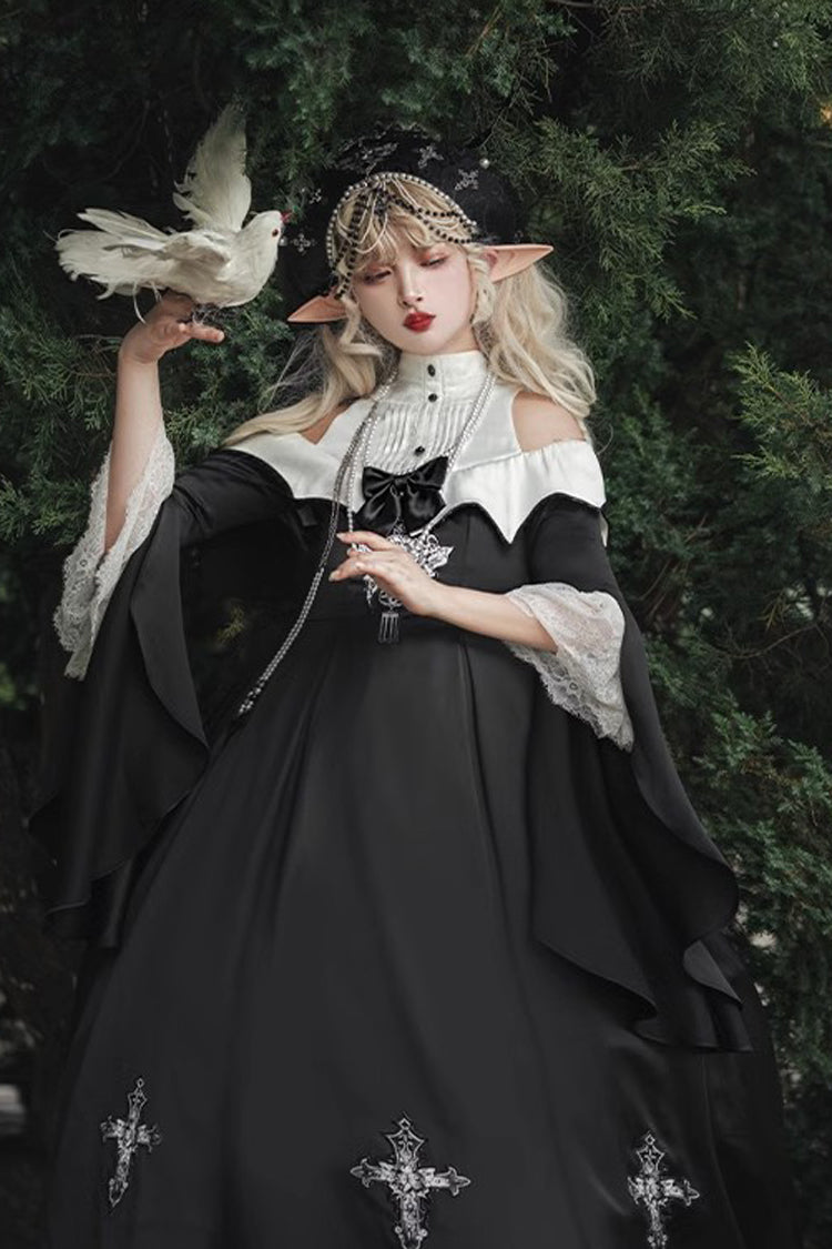Onyx Stand Collar Off-Shoulder Printed Bow Gown - Cross Nun
