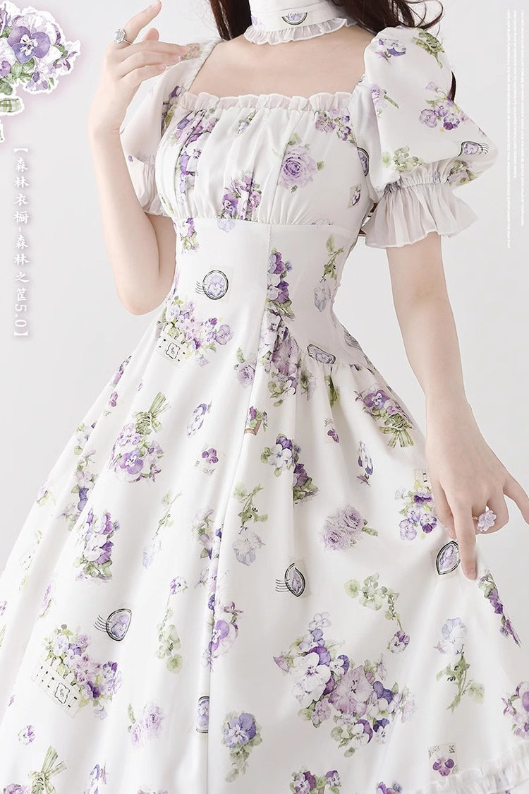 Forest Basket Printed Ruffled Lace Sweet Elegant Dress