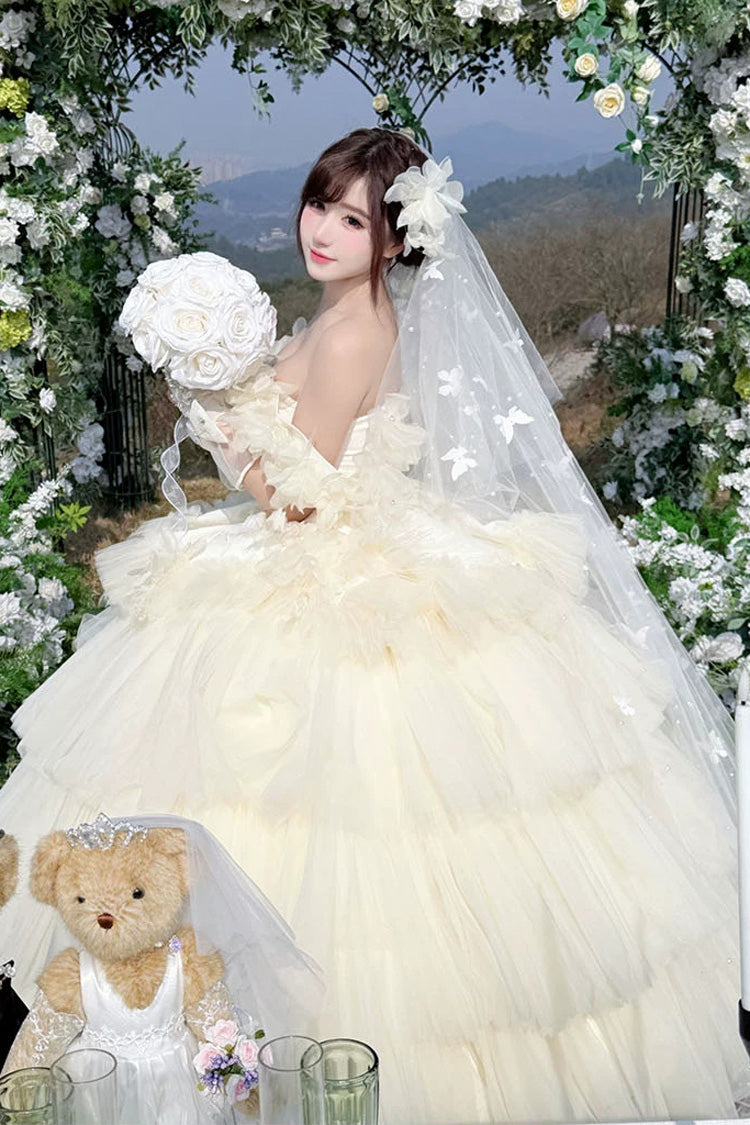 Apricot Sweet Lolita JSK Long Dress with Triple-Layer Ruffled Hanayome Bow Lace-Up and Sleeveless Design