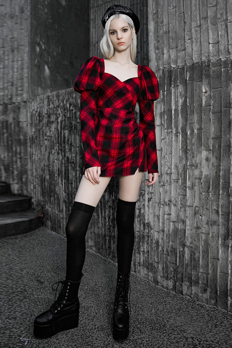 Lattice High Waist Long Sleeve Steam Punk Belted Dress - Black/Red