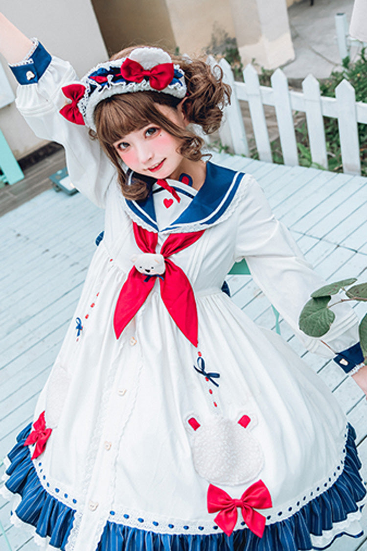 White Sweet Lolita OP Dress with Navy Collar and Bear Print Ruffles - Altfashion Shop