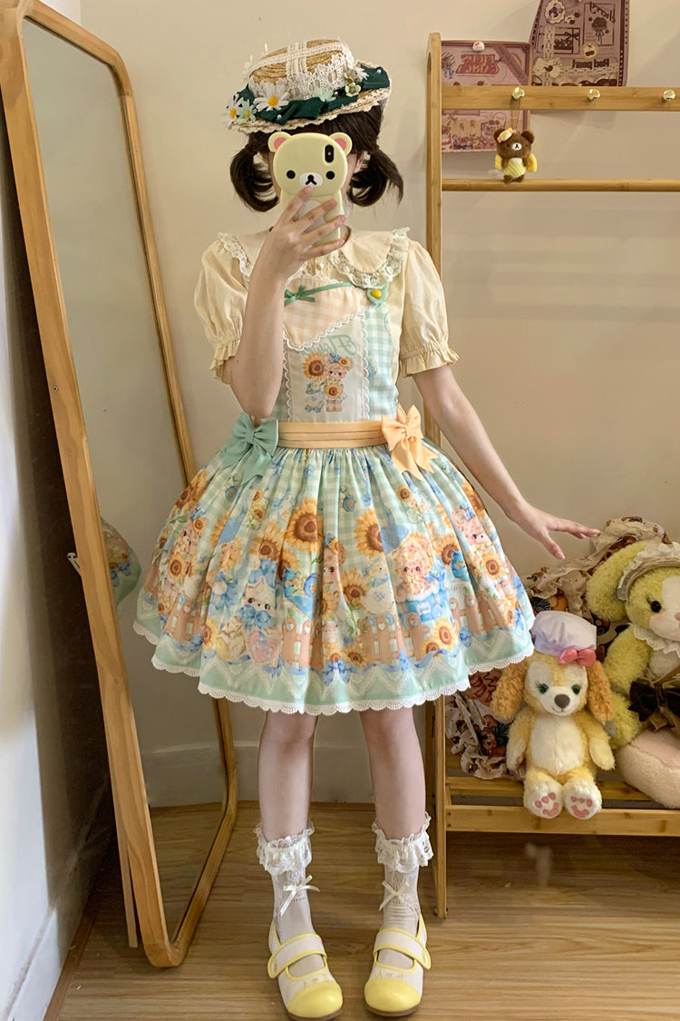 Kawaii Bears Sunflower Printed Multi-Color Bow Sweet Lolita Strap Dress - Miss Brown