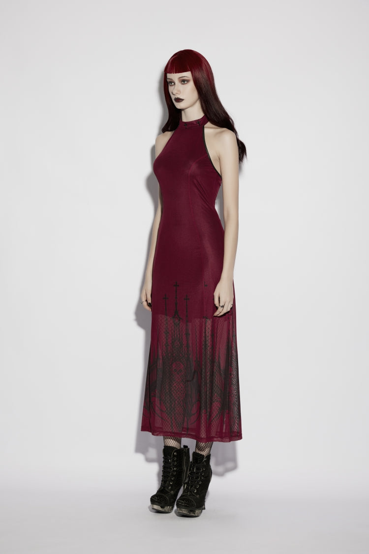 Red Halterneck Sleeveless Double-Layer Church Skull Printed Lace-Up Slim Gothic Dress