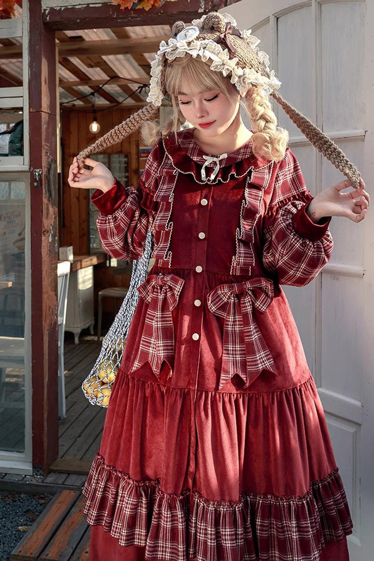 Red Velvet Plaid Printed Bow Christmas Sweet Lolita Dress
