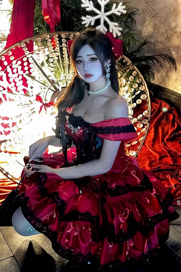 Sweet Lolita JSK Dress with Ruffled Lace and Lace-Up Back - Red