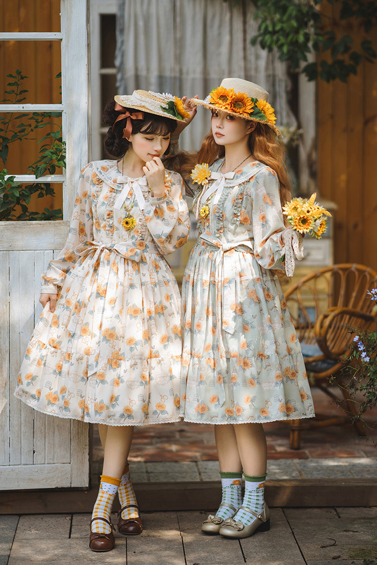 Apricot Sweet Elegant Lolita Dress with Long Sleeves Print Ruffles and Bowknot Accents