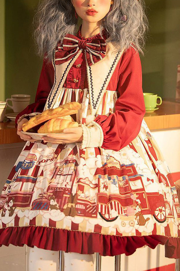 Crimson Lapel Bow Lantern Sleeve Popcorn Print Lolita OP Dress