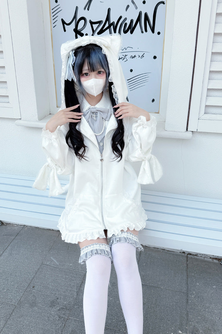White Cat-Ear Hooded Frilly Bow Gothic Jirai Kei Coat