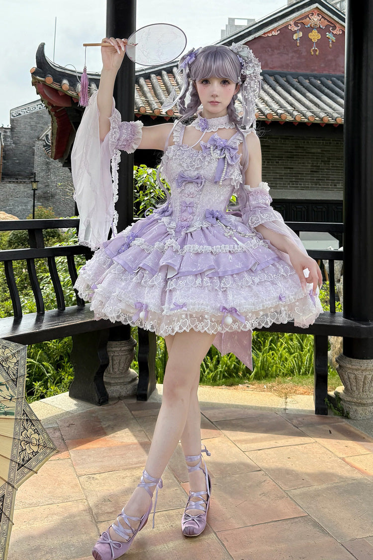Violet Cherry Prelude Square Collar Sleeveless Jacquard Ruffled Bow Pearl Lace JSK