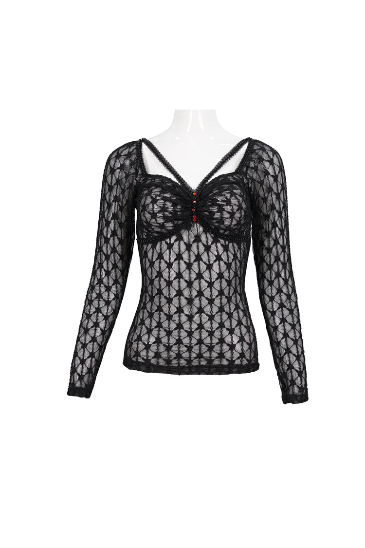 Punk Black Lace Mesh Front Red Diamond Transparent Long-Sleeve Women's Tee