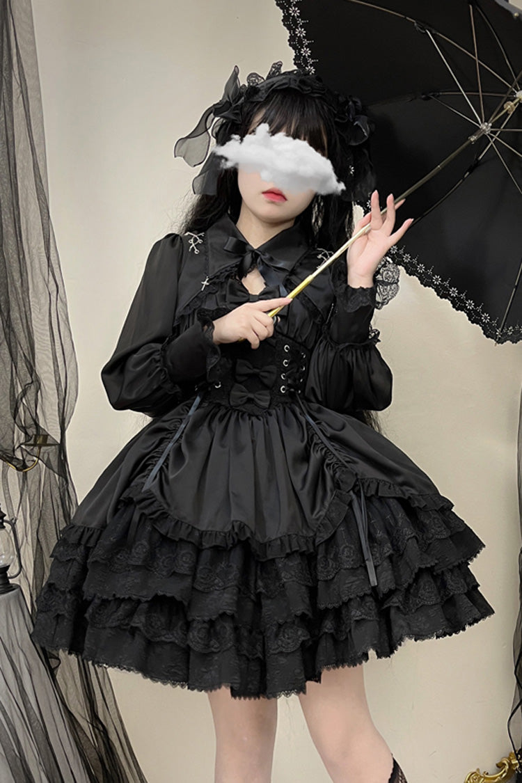 Jet Multi-Layered Bow Lace JSK Dress - Cross of Merit