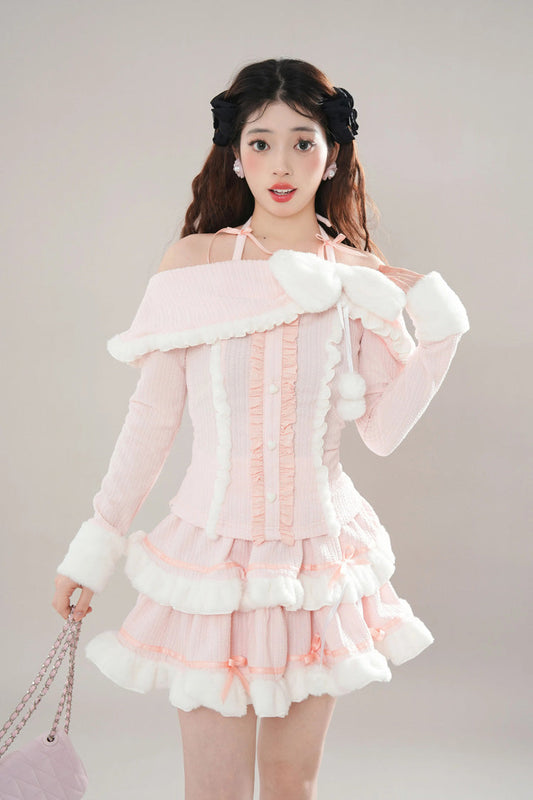 Pink Long Sleeve Ruffle Bow Lace Sweet Princess Tiered Skirt Set