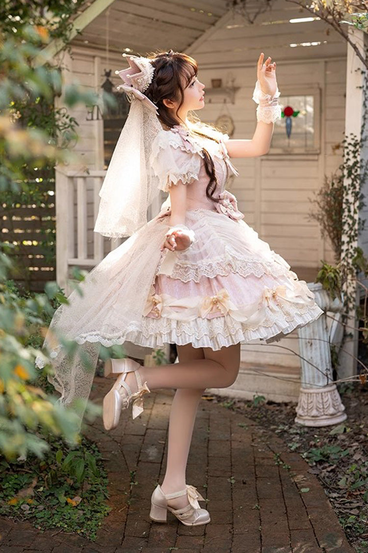 Sweet Lace Dress with Multi-Layer Ruffle in Pink