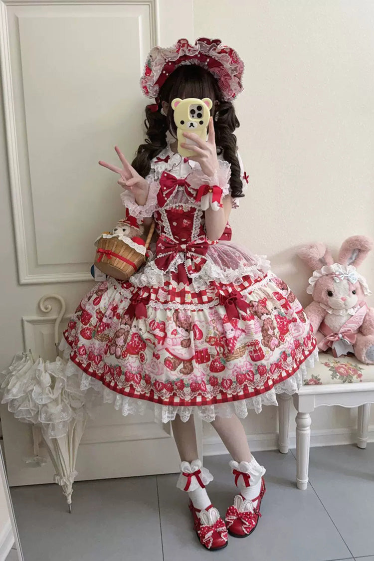 Red Sweet Lolita JSK Dress Printed Bow Lace Lace-Up - Sweet Berry Bunny Bear