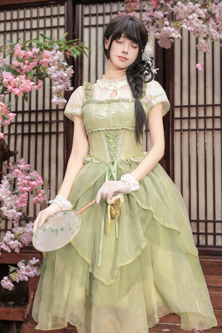 Fragrance Stand Collar Short Sleeves Multi-Layered Printed Ruffled Bow Lace Irregular Chinese Style Sweet Lolita Dress 2 Colors - Green/Pink