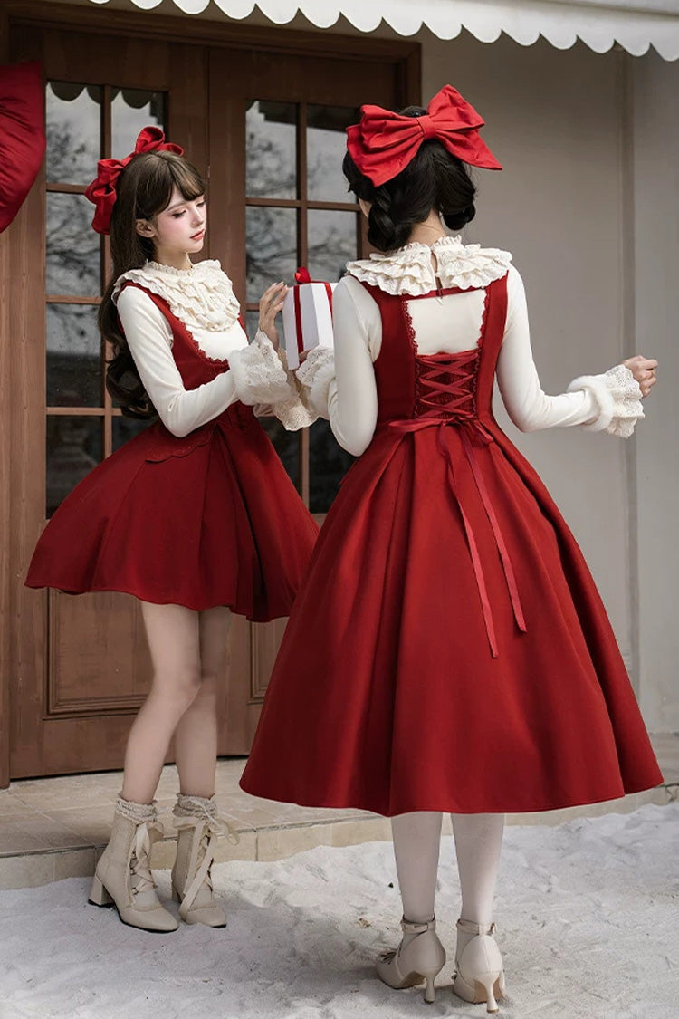 Classic Elegant Lolita Bandeau Dress with Embroidered Bow - Red