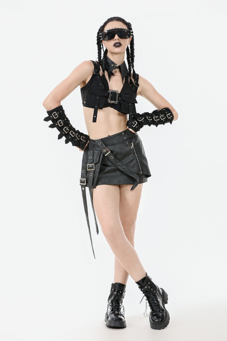 Functional Black Buckled Halter Punk Utility Vest