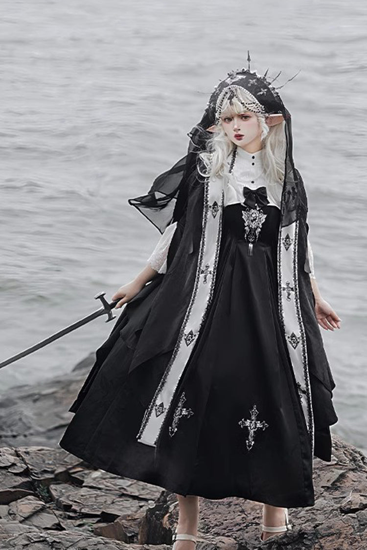 Onyx Stand Collar Off-Shoulder Printed Bow Gown - Cross Nun