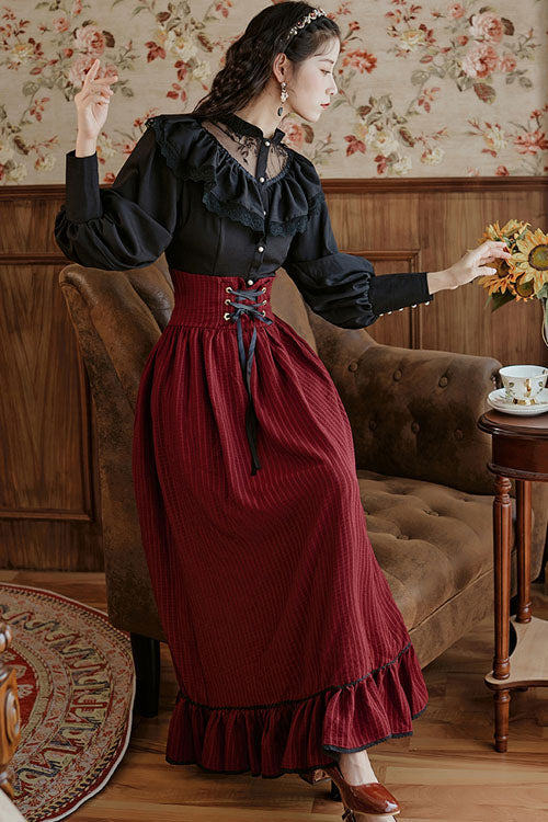 Wine Vintage Palace Ruffled Stripe High-Waisted Classic Dress Skirt