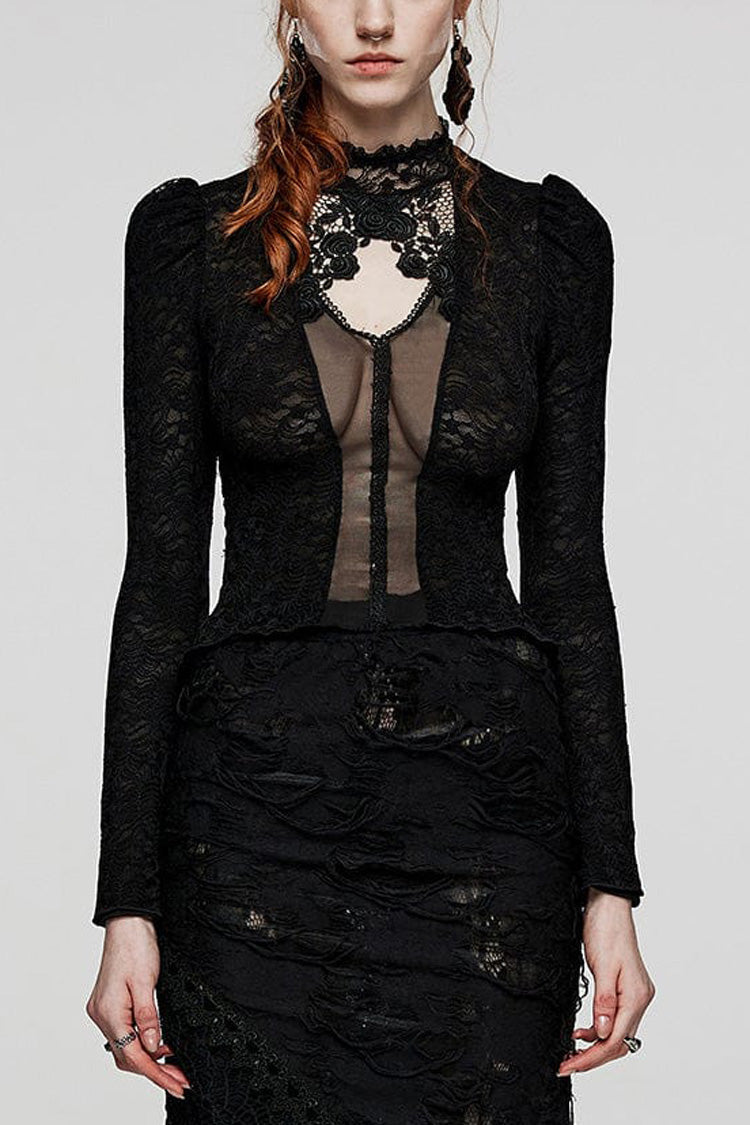 Raven Stand-Collar Long-Sleeve Lace Sheer Print Gothic Blouse for Women
