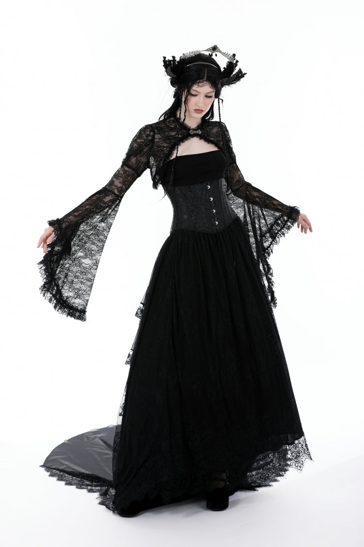 Jet-Black Gothic Cape with Flared Sleeves and Ruffled Lace
