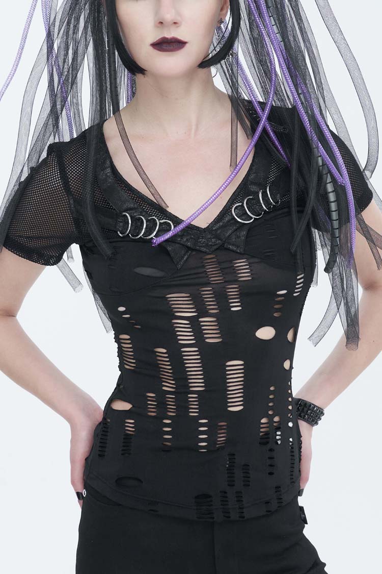 Destroyed Faux Leather Punk Tee with Metal Ring