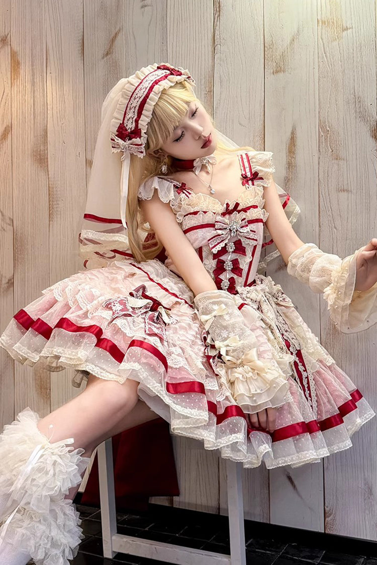 Moonstone Sleeveless Ruffle Embroidery Bow Lace Fishbone Princess Dress in Pink