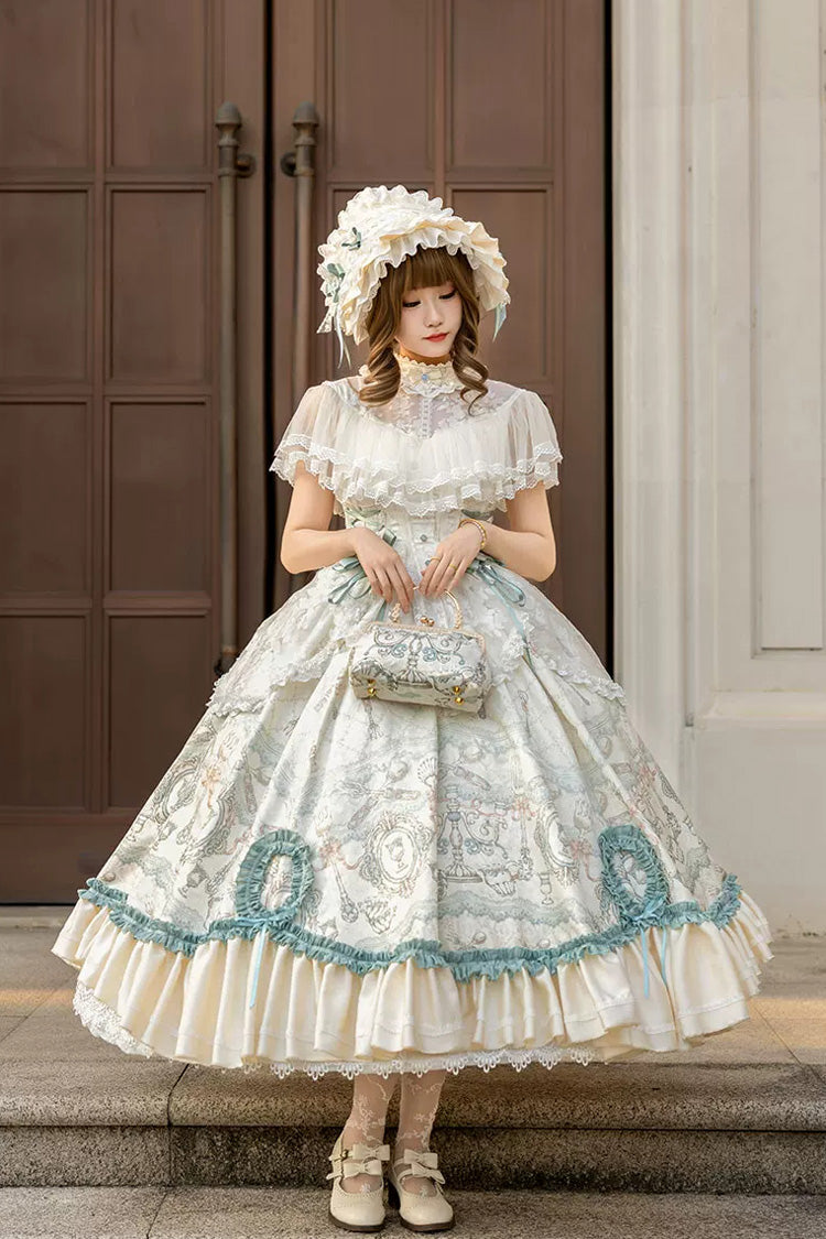 Cream Cloudborne Prelude Edwardian Collar Jacquard Printed Bow Frilled Lace Fishbone Classic Sweet Lolita Dress