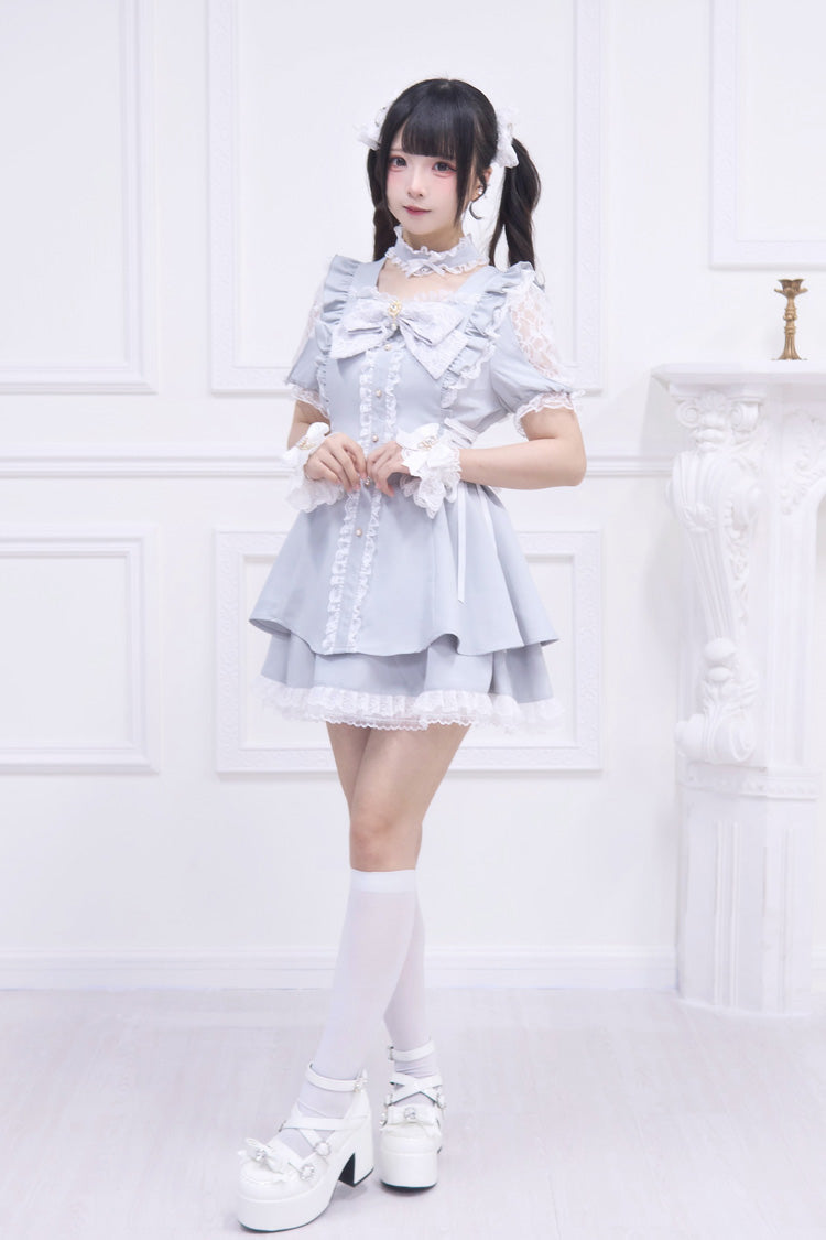 Light Blue Waltz Short Sleeve Ruffle Bow Gothic Jirai Kei Dress Set