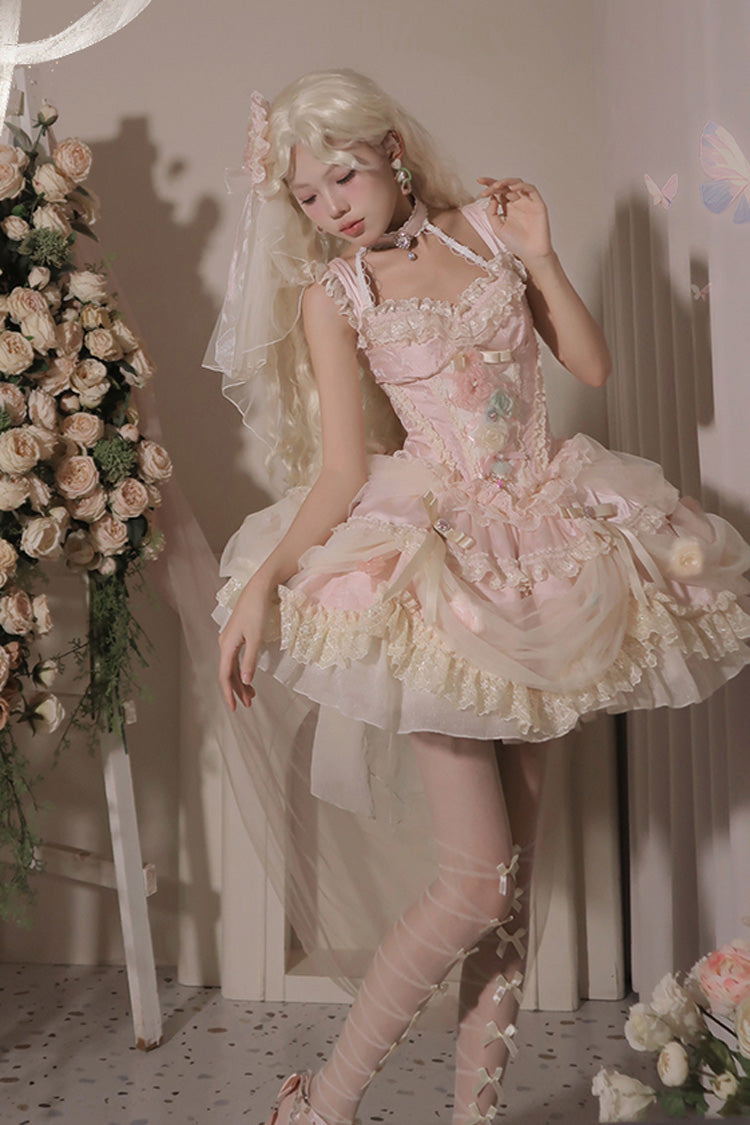 Dream Garden Ruffle Hanayome Embroidery Bow Lace Fishbone Princess Gorgeous JSK Dress in Pink